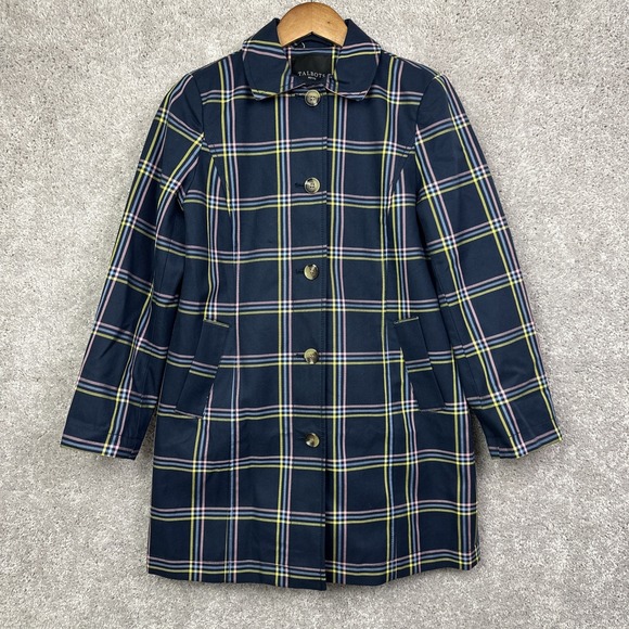 Talbots Womens A Line Plaid Mac Jacket Button Front Navy Size Petite P - Picture 1 of 7